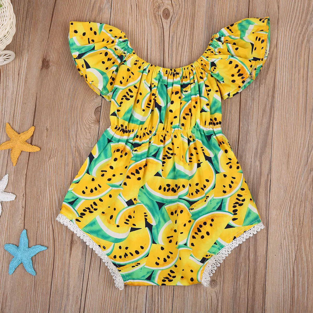 Одежда для новорожденных девочек из 2 предметов г. летний желтый боди с арбузом для малышей+ повязка на голову пляжный костюм Одежда для детей от 0 до 24 месяцев