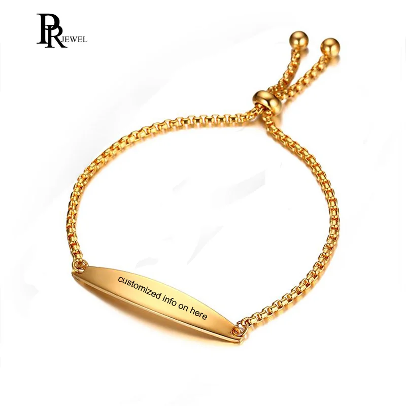 Free Engraving Gold Stainless Steel ID Bracelet for Women Girls Length Adjustable Fit 6 9"in ID