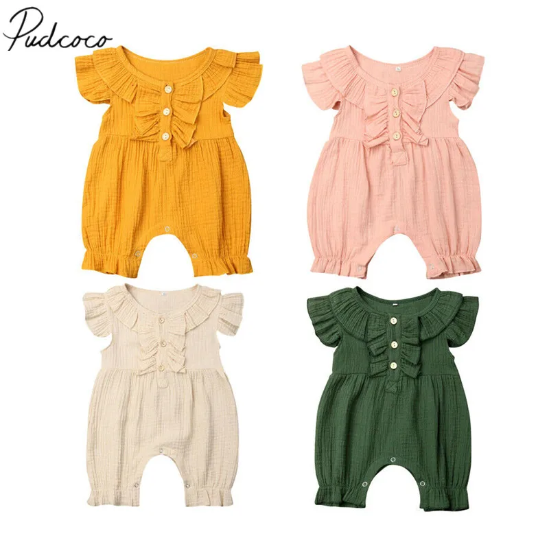 

2019 Baby Summer Clothing Newborn Infant Baby Girl Boys Cotton Linen Romper Solid Jumpsuit Ruffles Short Sleeve Playsuits Outfit