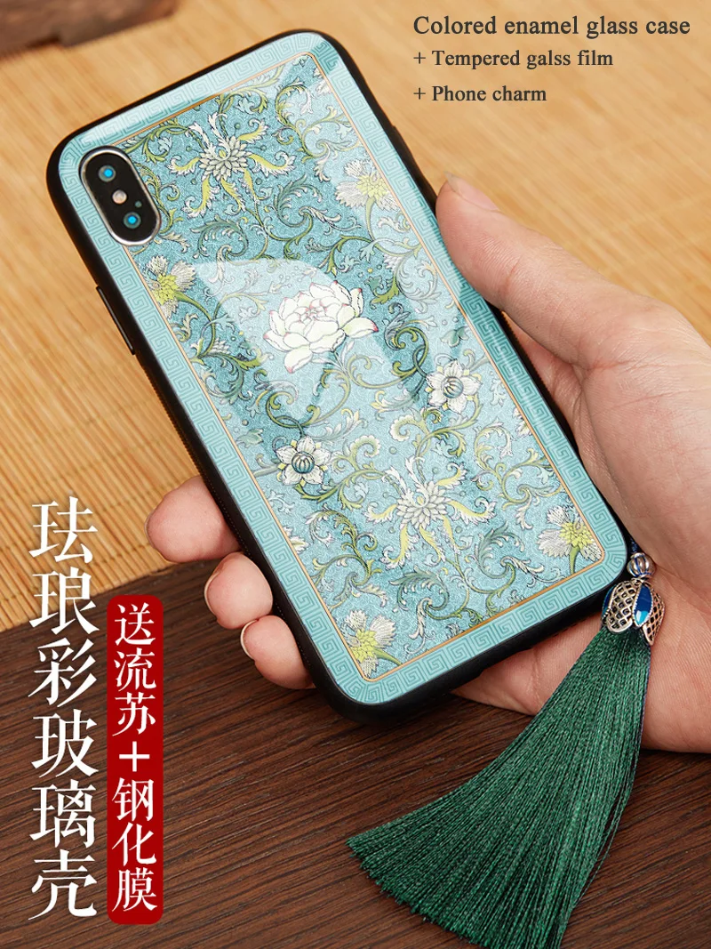 For iPhone XS MAX Yanxi style case X 8 7 6s plus glass back cover soft silicone edge shell for XR Traditional Chinese |