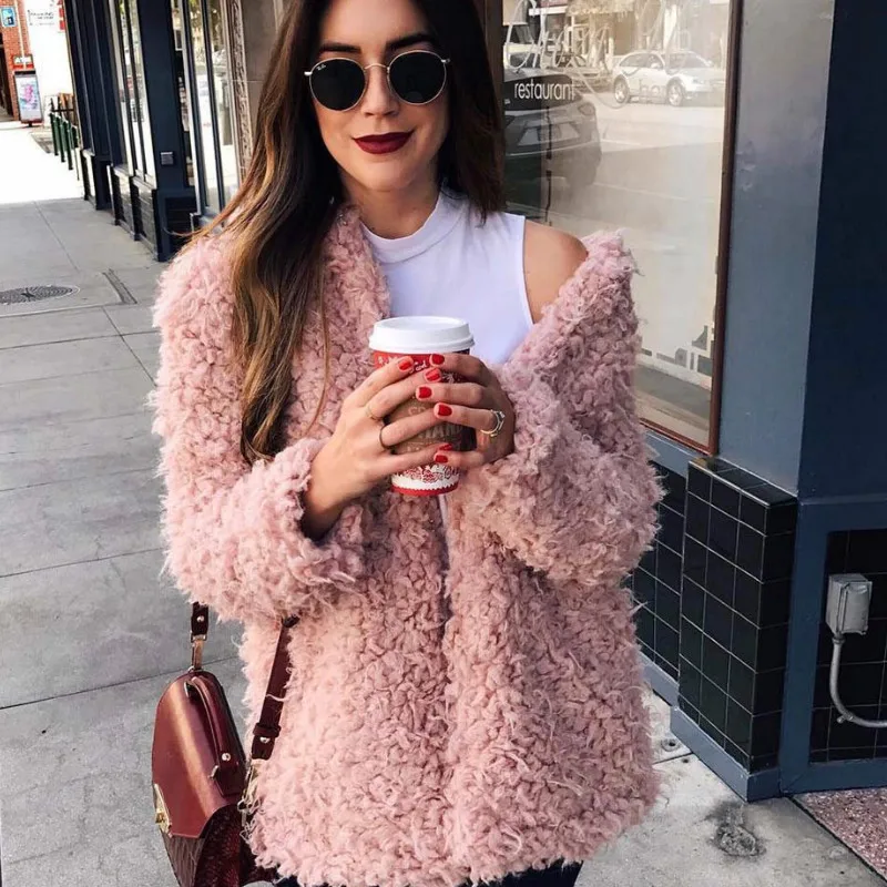 

Hairy Hoodie Jacket Wool Overcoat Warm Outerwear Pink Faux Lambswool Fur Coat Turn Down Collar Cardigan Long Sleeve Trench Coats