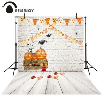 

Allenjoy photo backdrop Halloween pumpkin party bat flags celebrate white brick wall background photobooth fantasy props