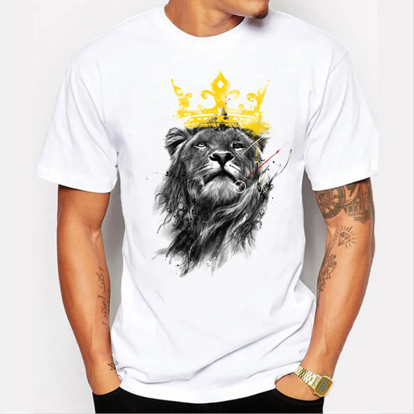 Высокое качество хлопок короткий рукав печати Повседневная мужская корона лев печать футболка