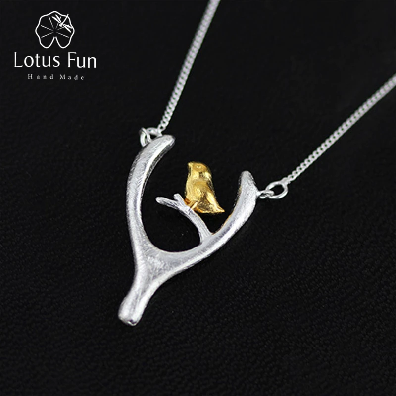 

Lotus Fun Real 925 Sterling Silver Necklace Handmade Designer Fine Jewelry Bird and Wish Bone Necklace with Pendant for Women