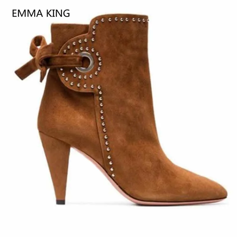 Cristal Bout Talons Chaussures Hauts De Picture Bottines Pointu Martin Arc Suede Femme Shown noeud Dames Spike Talon Élégant As Sexy Nouveau Femmes In Brown BQoCdxWre