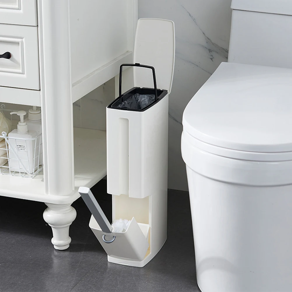 

Narrow Bathroom Trash Bin Waste Bin Toilet Trash Can Toilet Brush Garbage bag Set Trash Bucket Plastic Dustbin