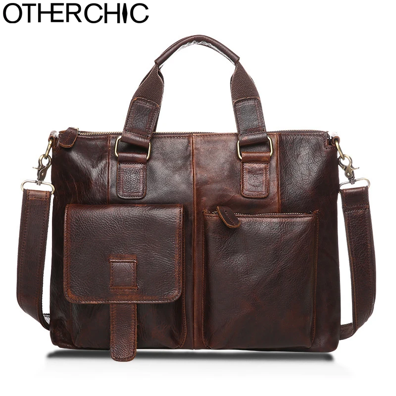 

OTHERCHIC14" Real Leather Document Briefcase Retro Men Business Bags Mens Handbags Genuine Cow Leather Bag For Computer Y22