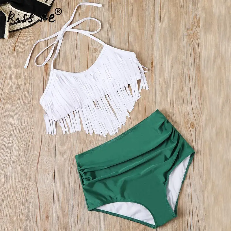 

Sexy Bikini Set Tassel Solid High Waist Bathing Suit Beach Swimming Wear Bikini String Beach Suit Wire Free Swimwear