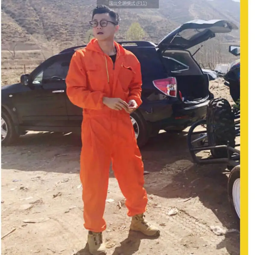 

M-4XL Plus size New Men's clothing handsome tooling Men jumpsuit Overalls male Fashion Orange hooded Coverall trousers