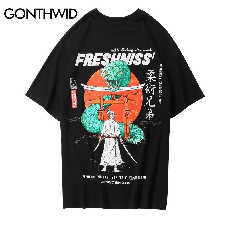 

GONTHWID Japanese Samurai Printed Short Sleeve T Shirts 2019 Summer Harajuku Hip Hop Men Casual Tshirts Streetwear Male Top Tees