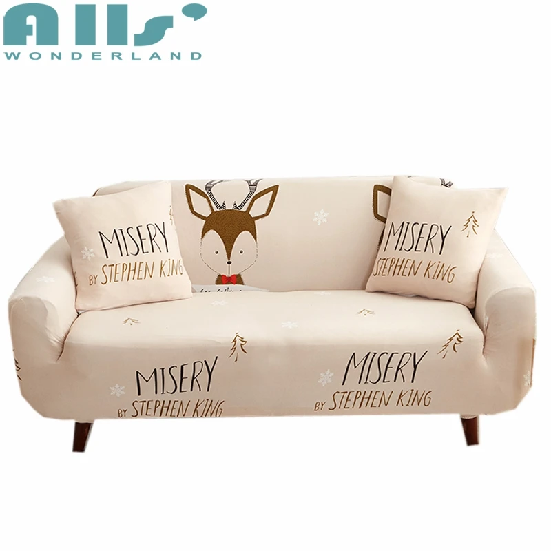 Cartoon Deer/elk Printed Khak Sofa Cover Universal Elastic Armchair Protector Covers Couch