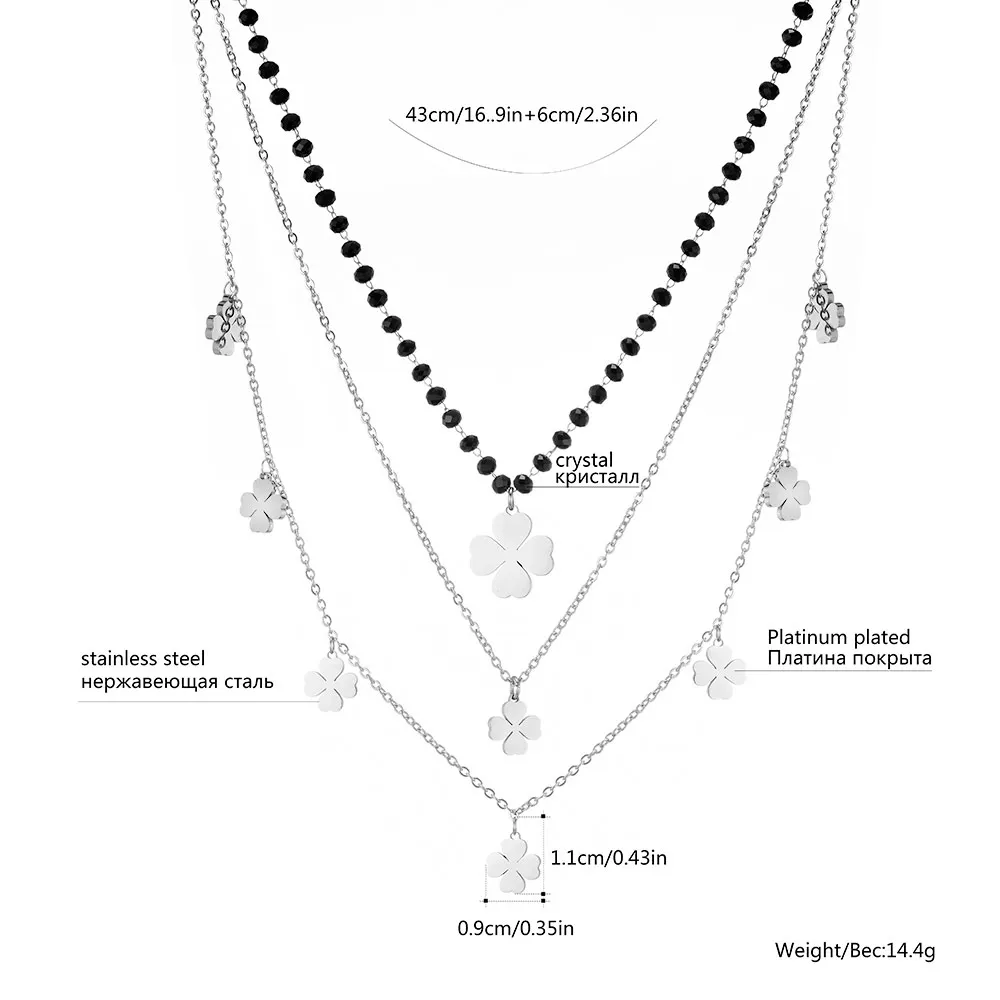 Многослойные цепочки из нержавеющей стали, колье-чокер для женщин, черный кристалл, клевер, подвески, ожерелье, бижутерия, колье, Трендовое ювелирное изделие