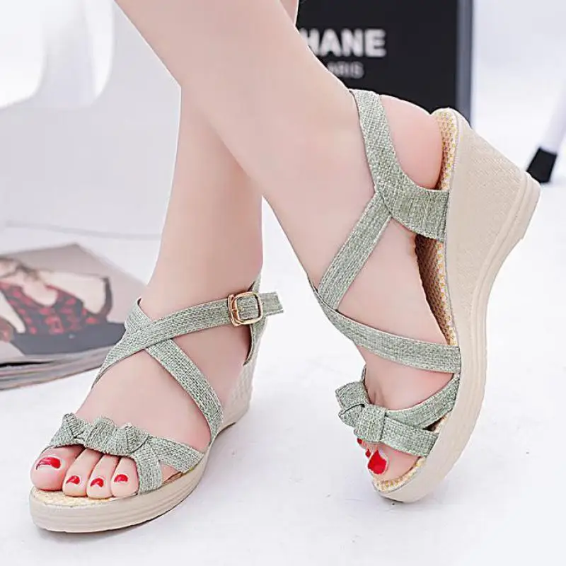 

35~41 Wedges Gladiator Sandals Women High Heels Platform Beach Sandals Sexy Peep Toe Ankle Sandal Woman Shoes Summer Green Khaki