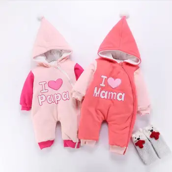 

1PC Zipper I Love Mama I Love PaPa Baby Girl Hoody Bodysuit Cotton Thick Infant Girl Outfit Jumpsuit Infant Winter Clothes