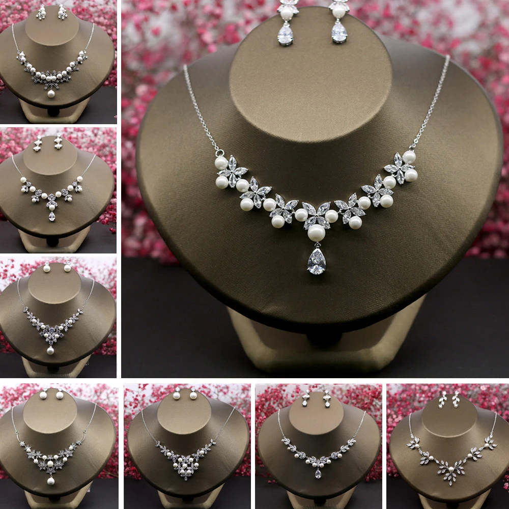 

Fashion Bridal Wedding Jewelry Set Cubic Zirconia Necklace Choker Simulated Pearls Women Pendant Earrings Christmas Bijoux Gifts