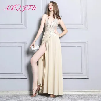 

AXJFU Sexy Perspective stage champagne illusion chiffon Evening Dresses Deep-back V-necked sleeveless beach evening Dresses