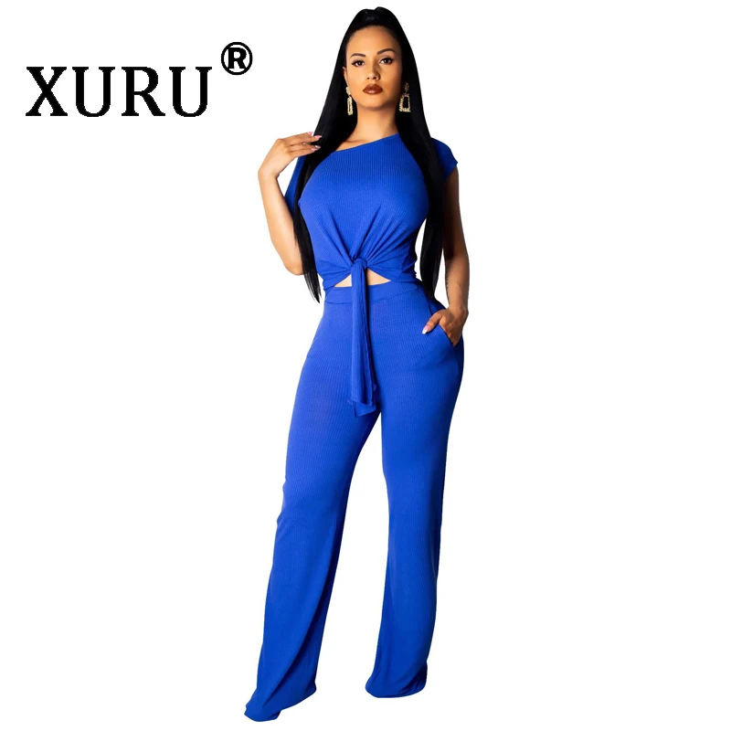 

XURU new women's jumpsuit two-piece fashion casual diagonal collar wide-leg pants suit orange pink black blue jumpsuit
