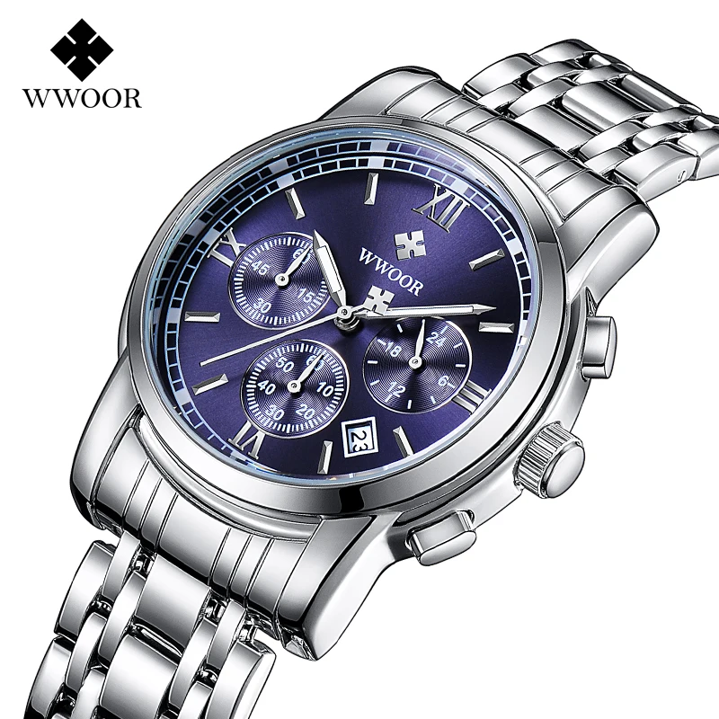 

WWOOR Wrist Watch Men Top Brand Luxury Famous Male Clock Quartz Watch Wristwatch Quartz-watch Relogio Masculino WR8864-SilverBlu