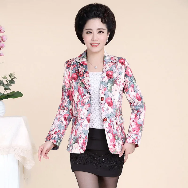 

Middle-Aged Ladies Blazer Floral Print Spring Autumn Jackets Single-Breasted Blazer Feminino Small Suit Jacket Coats 5XL C3271