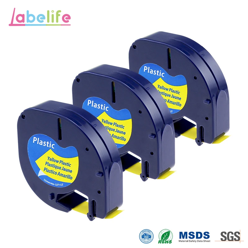 Labelife 3 шт. Dymo 91332 (91222 91202 59423 пластиковая лента черная на желтом 12 мм совместимая