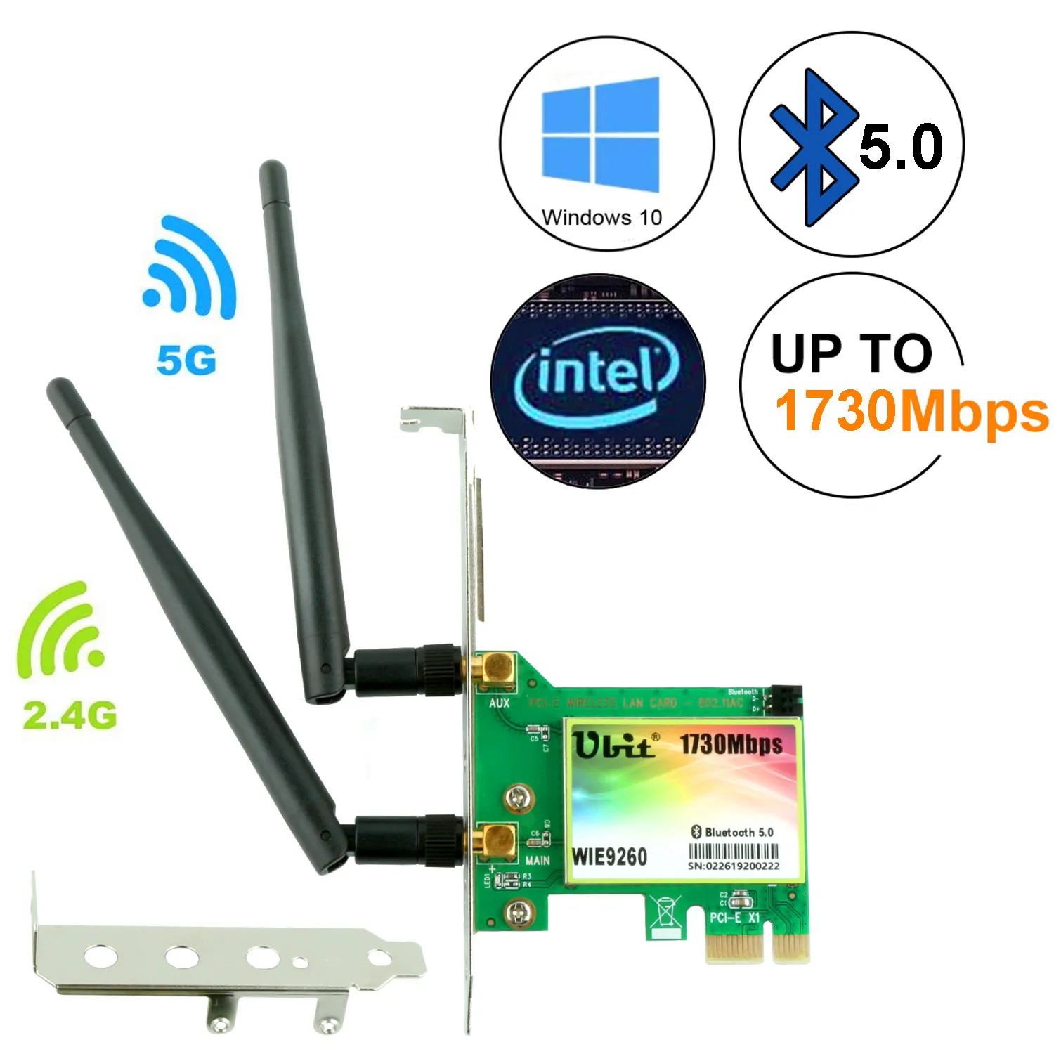 Ubit 9260 WiFi карта, 1730 Мбит/с, Bluetooth 5,0 Двухдиапазонная беспроводная сетевая карта, адаптер PCIe, PCI-E Беспроводная для настольных ПК