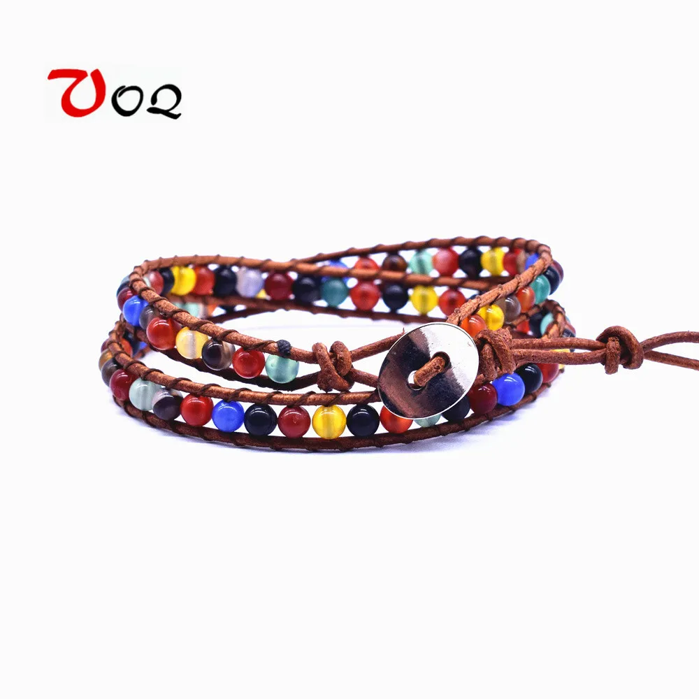 Vintage Handmade 2 laps Leather Wrap Bracelet Multi Color Beads Natural Stone Bracelets for Men Women Chakra Bracelet Jewelry