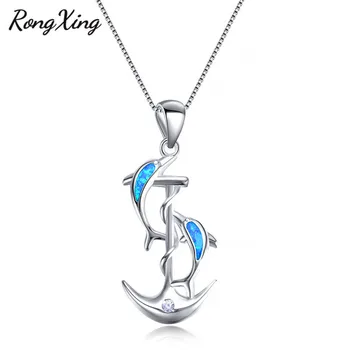 

RongXing Trendy Silver Color Double Lucky Dolphin & Anchor Pendants Blue/White Fire Opal Birthstone Necklace Gifts