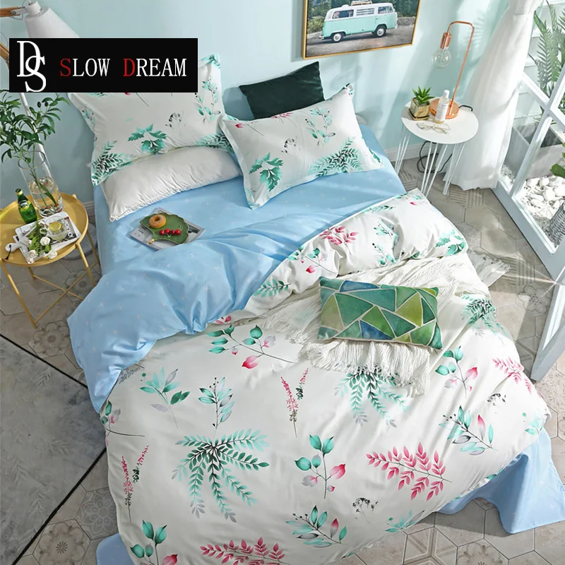 

SLOWDREAM Fresh Bedding Set Nordic Leaf Comforter Double Sheet Bedspread Duvet Cover Adult Queen King Bedclothes Bed Linen Set