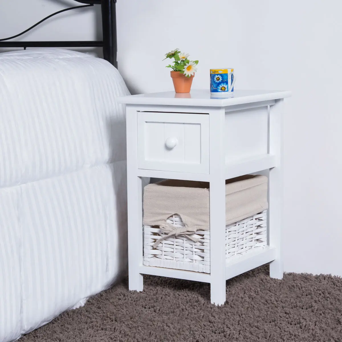 Giantex 2 Tier Nightstand 1 Drawer Bedside End Table Home Organizer Wood Coffee Table with Basket Small HW55996WH Giantex 2 Tier Nightstand 1 Drawer Bedside End Table Home Organizer Wood Coffee Table with Basket Small HW55996WH