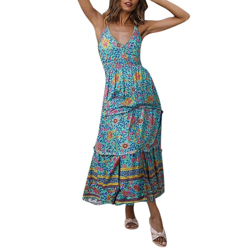 Ropa en un día festivo Birmania Moda 2019 vestido de verano para mujer cuello pico Spaghetti Strap Floral  estampado playa estilo Skater vestido Casual sexy moda mujer 2019|Vestidos|  - AliExpress