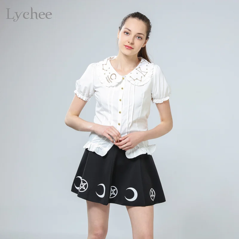 

Lychee Lolita Japanese Style Summer Women Shirt Moon Star Constellation Embroidery Peter Pan Collar Short Sleeve Blouse