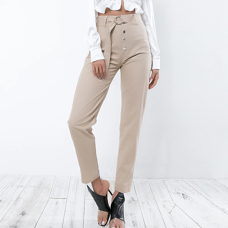women streetwear buttons belt high waist pants summer