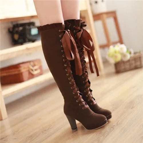 De Rond Chaussures Designer Mode Noir Pxelena Vintage Femmes 2015 Plate Rétro Nouvelles Ruches forme marron Genou Bloc Sur Talons Bout Bottes Le Lacent RqALj354