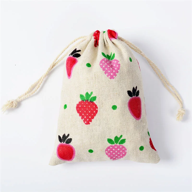С принтом клубники 50 шт. 10x14 см Хлопок Drawstring Сумки натуральный органический Муслин Хлопок Рождественский подарок сумка Чехлы h4003