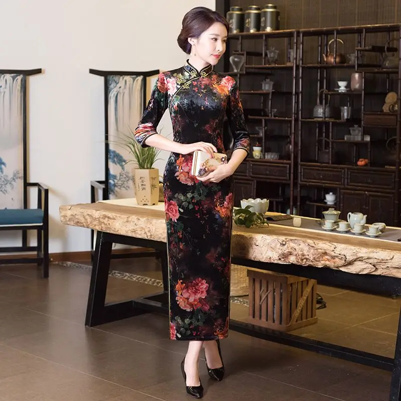 

New Arrival Women's Long Cheongsam Fashion Chinese Style Velour Dress Elegant Slim Qipao Vestido Size S M L XL XXL XXXL 192