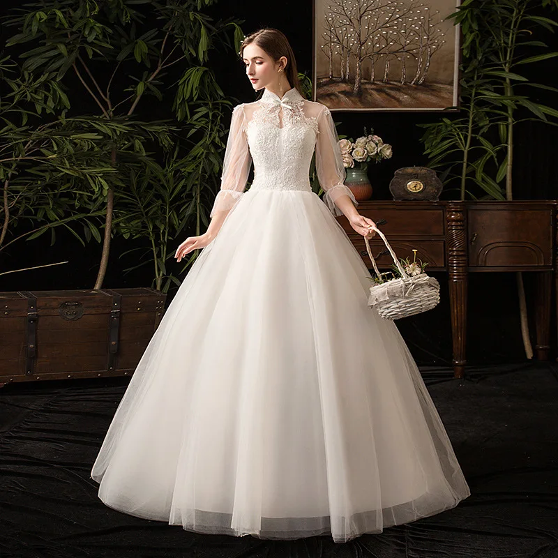 Новое свадебное платье с высокой горловиной и рукавом три четверти сексуальное кружевное платье с аппликацией размера плюс винтажное свадебное платье Robe De Mariee L