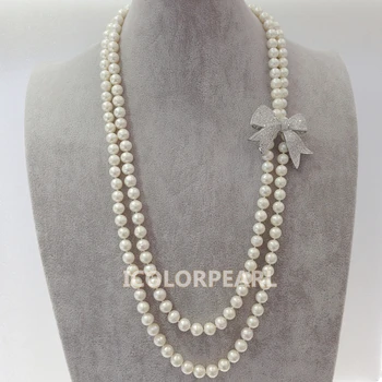 

WEICOLOR Two-Strand 70-7cm Elegant 9mm Round White Natural Freshwater Pearl,Silver Butterfly With Crystal Sweater Necklace