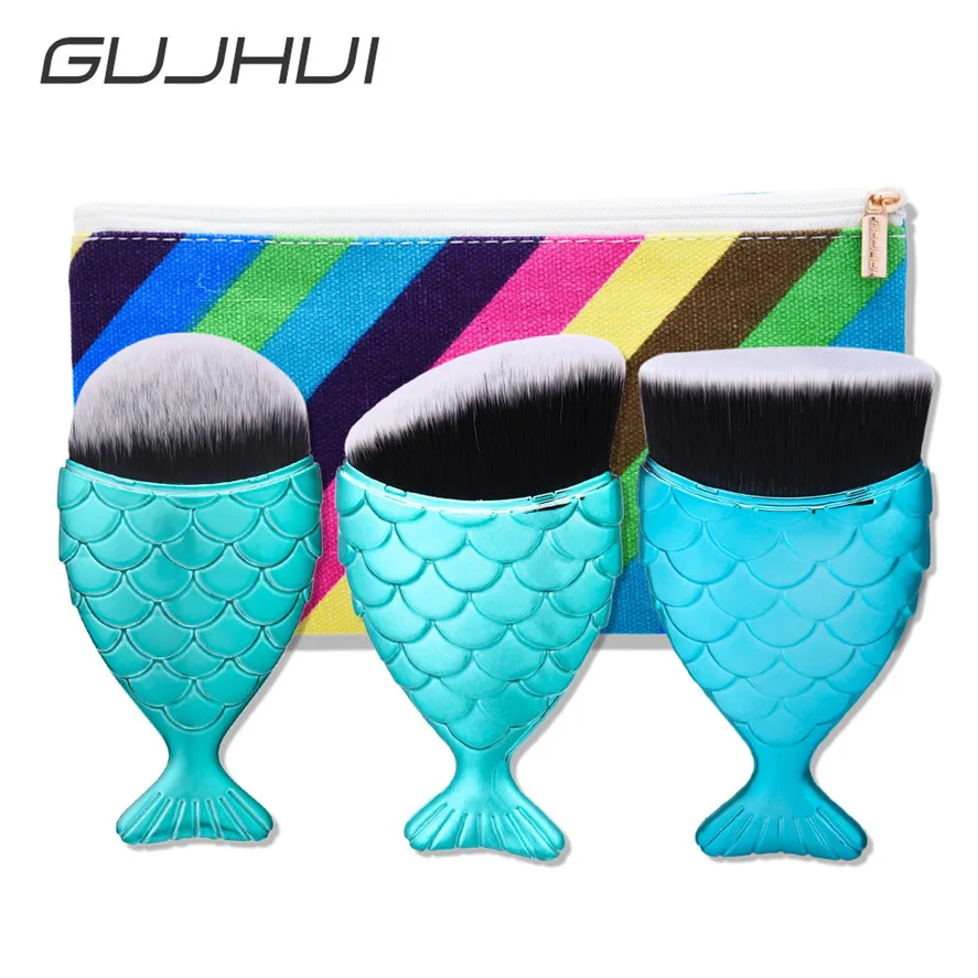 

High Quality GUJHUI Professional 3PCS Fish Scale Makeup Brush Fishtail Bottom Brush Foundation Powder Blush Cosmetic Brush Sets
