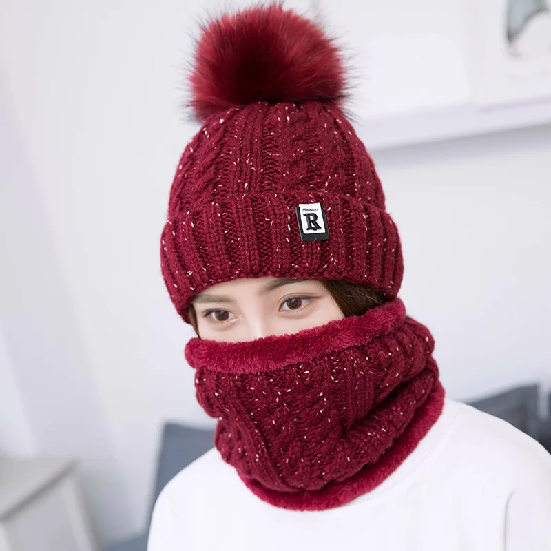 Модные зимние шляпы для женщин Beain Hat Kitted Big Ball gorro invierno mujer Зимний шарф и шапка, комплект, сохраняющий тепло