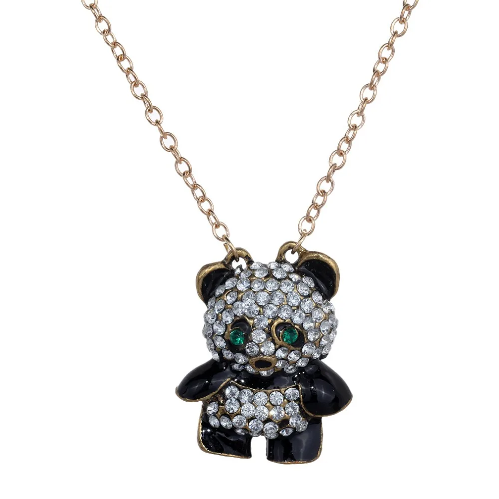 Cute Fashion Jewelry Shiny Crystal Panda Pendant Bronze Chian Necklace