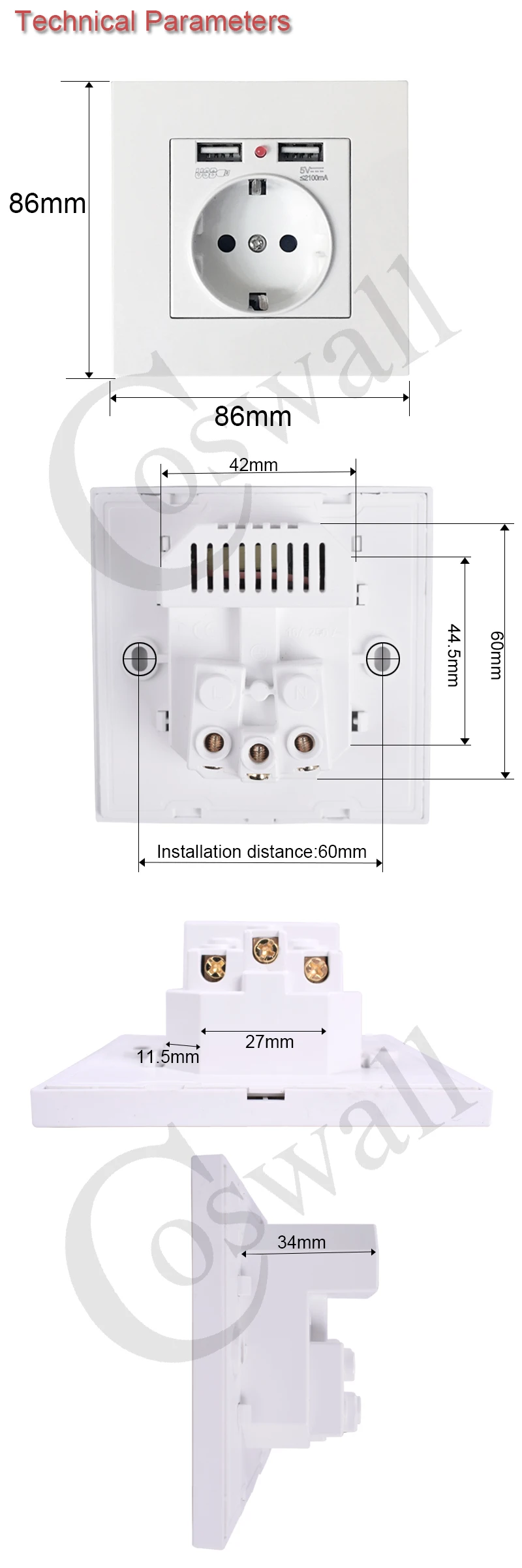 Coswall, двойной usb порт для зарядки, 5 В, 2.1A, настенное зарядное устройство, адаптер со светодиодным индикатором, 16A, европейская розетка, розетка, панель ПК, чистый черный цвет