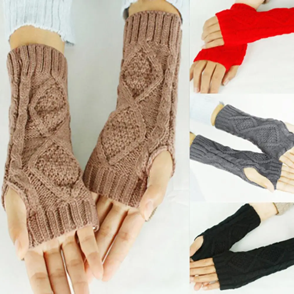 2016 Fashion Womens Winter Warm Knitted Half Fingers Hemp Flowers Fingerless Long Gloves Mittens For Women arm warmers