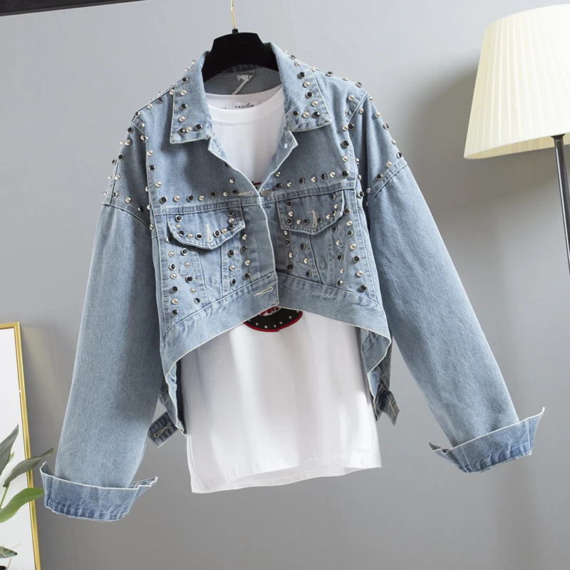 

Spring Autumn Fashion Vintage Heavy Work Rivet Short Irregular Loose Women Denim Jacket Coat Female Harajuku Jeans Jacket Mujer