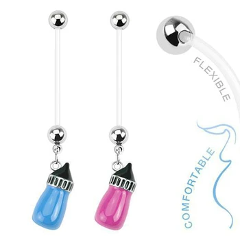 

12PCS Cute Pink Bottle Pregnant Dangle Belly Button Ring 14g BioFlex Navel Piercing Maternity Body Jewelry Pregnancy Belly Rings