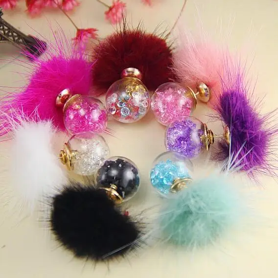 

Charmcci New Cute Fashion Faux Mink Fur Ball Stud Earrings for Women Crystal Ball Double side Ear Studs Earing Brincos Gift