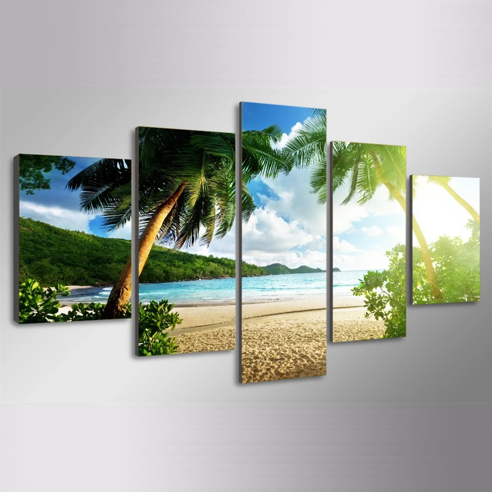 Печать на холсте картины настенные художественные плакаты 5 шт. пляж Пальма Группа Морской пейзаж картины для гостиной домашний декор рамки