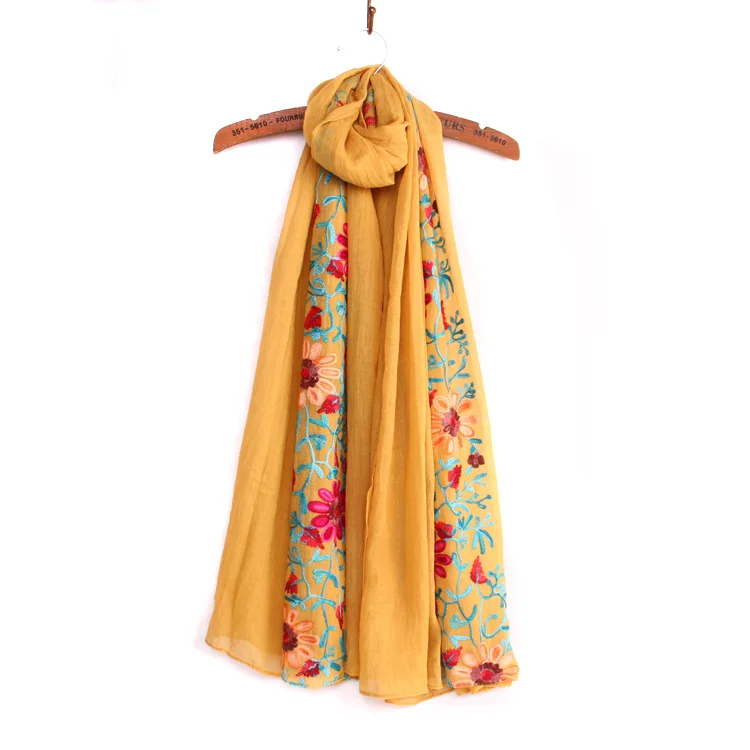 ZFQHJJ, женский шарф с вышивкой, хлопковый, льняной, Цветочный, мусульманский, хиджаб, шарф, большой, Пашмина, шаль, Индия, непальский тюрбан, головные уборы, 180x90 см - Цвет: yellow