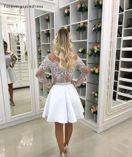 Newest 2019 Little White Short Homecoming Dress Sheer Long Sleeve Applique Sequins Cocktail Gowns Summer Boho Bride Reception Dress BC1401  118 (1)