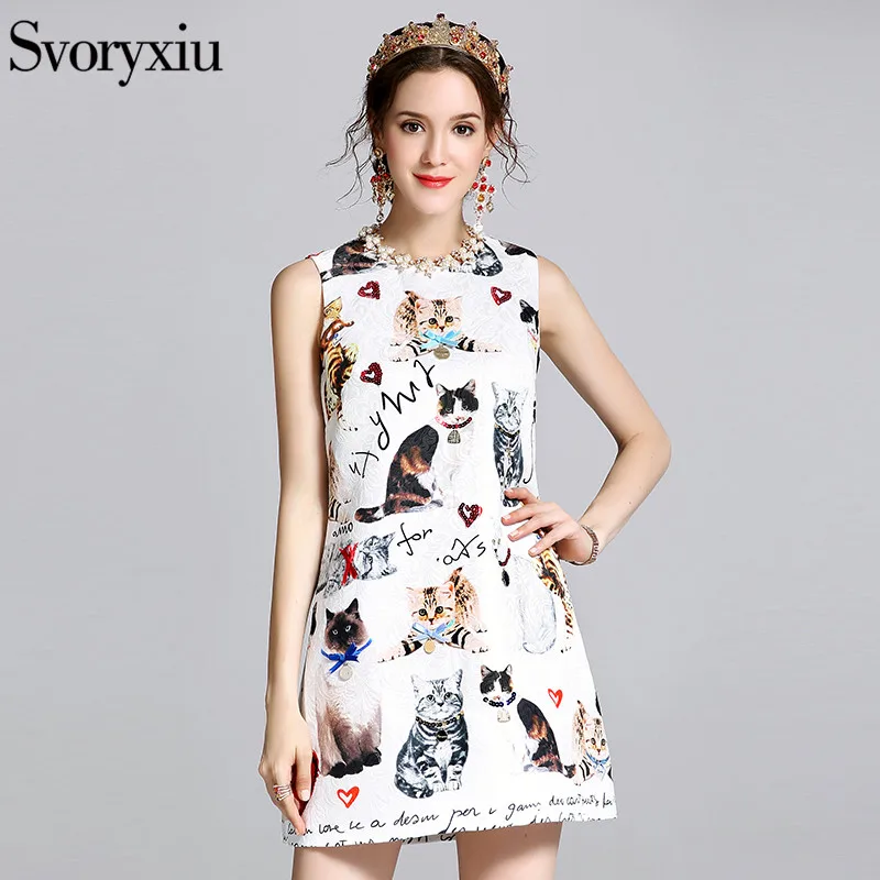 Buy Cheap SVORYXIU 2017 Summer Casual Mini Dress Women's Runway Designer Sleeveless White Kitten Letter Print Sexy Street Dresses