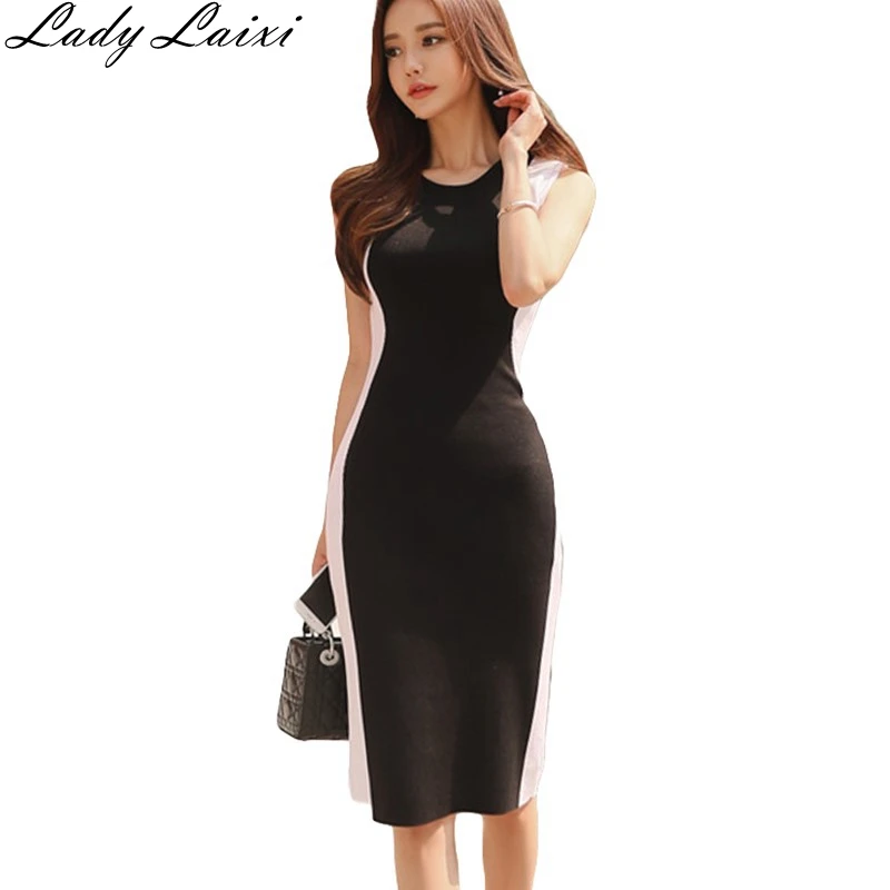 

2019 Women Summer Sweater Knitted Dresses Contrast Color O-neck sleeveless Sexy Lady Bodycon Robe Elastic Sheath Vestidos